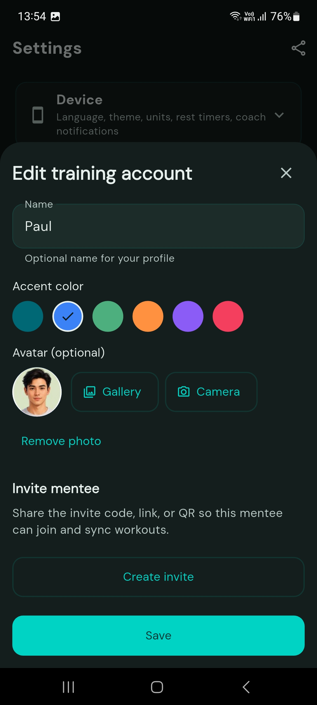 Edit training account with invite mentee for a client profile