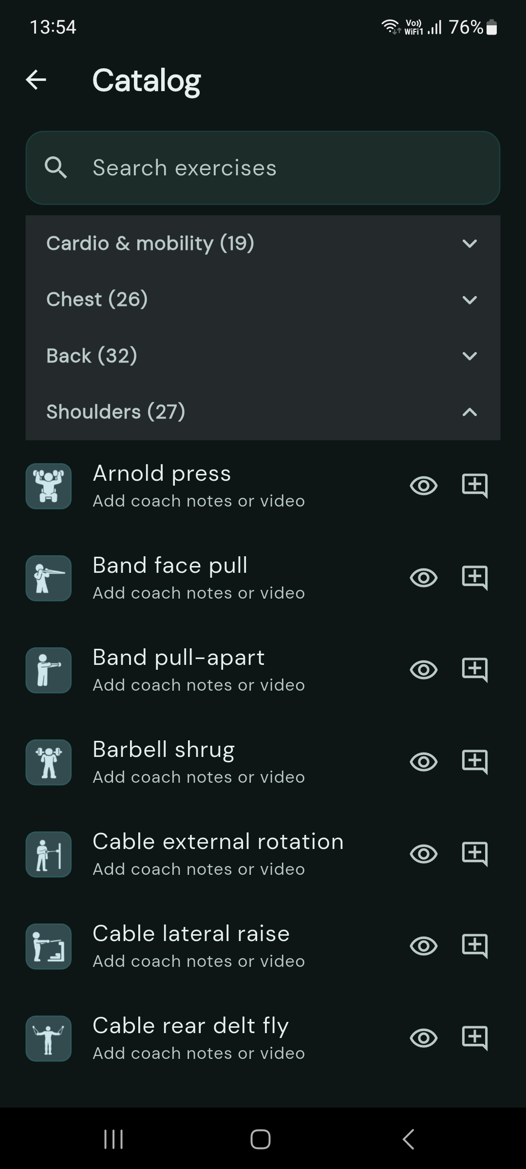 Exercise catalog grouped by muscle with coach notes and video