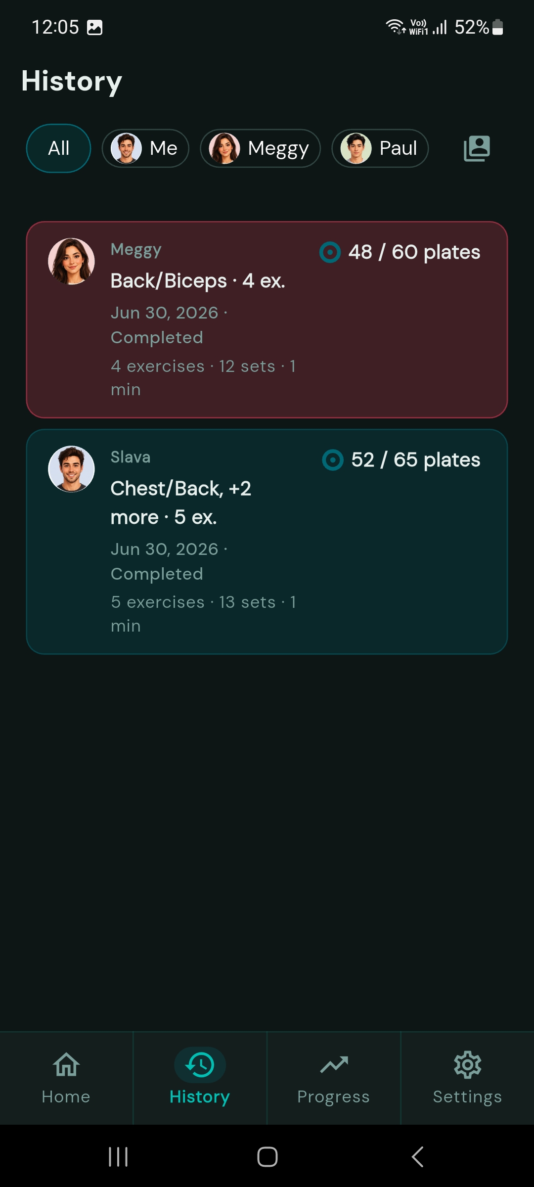 Workout history across training accounts