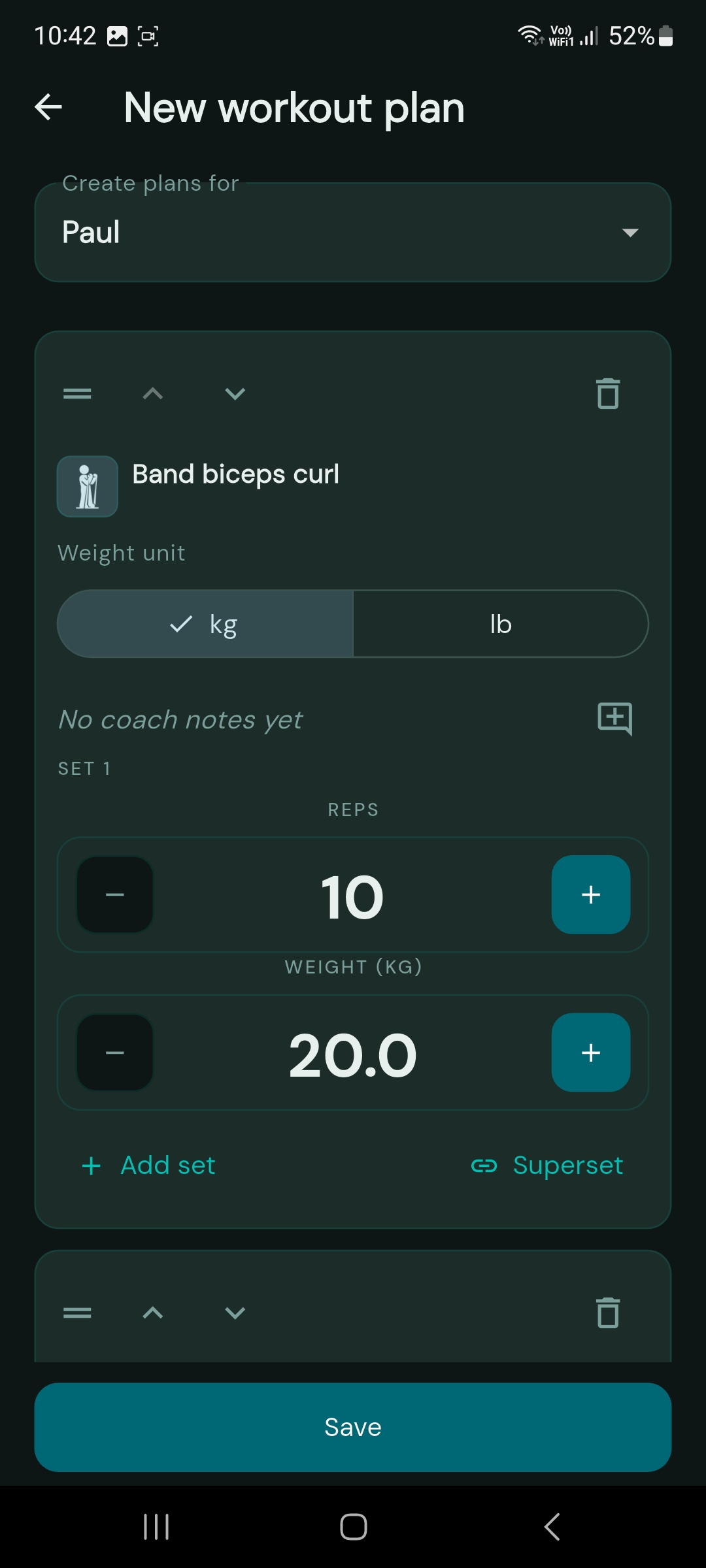Workout planner with coach notes for a client named Paul
