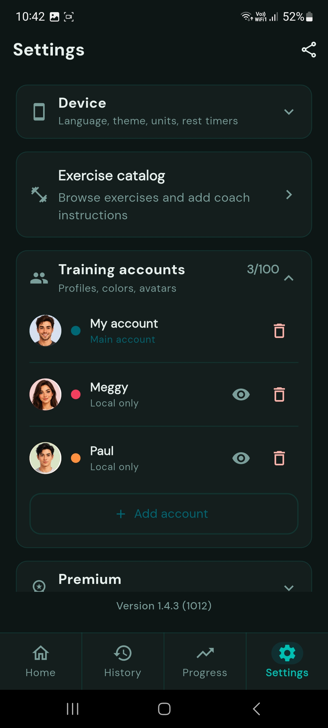Training accounts in Settings, main account plus local client profiles